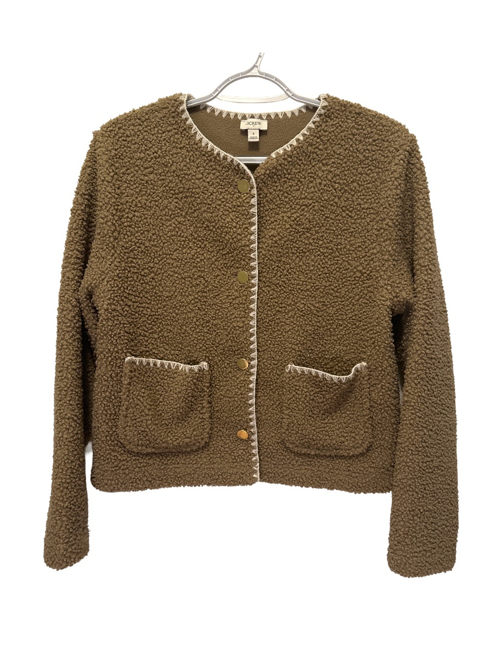 J. Crew Brown Teddy Button-Front Jacket with Contrast Trim Size S